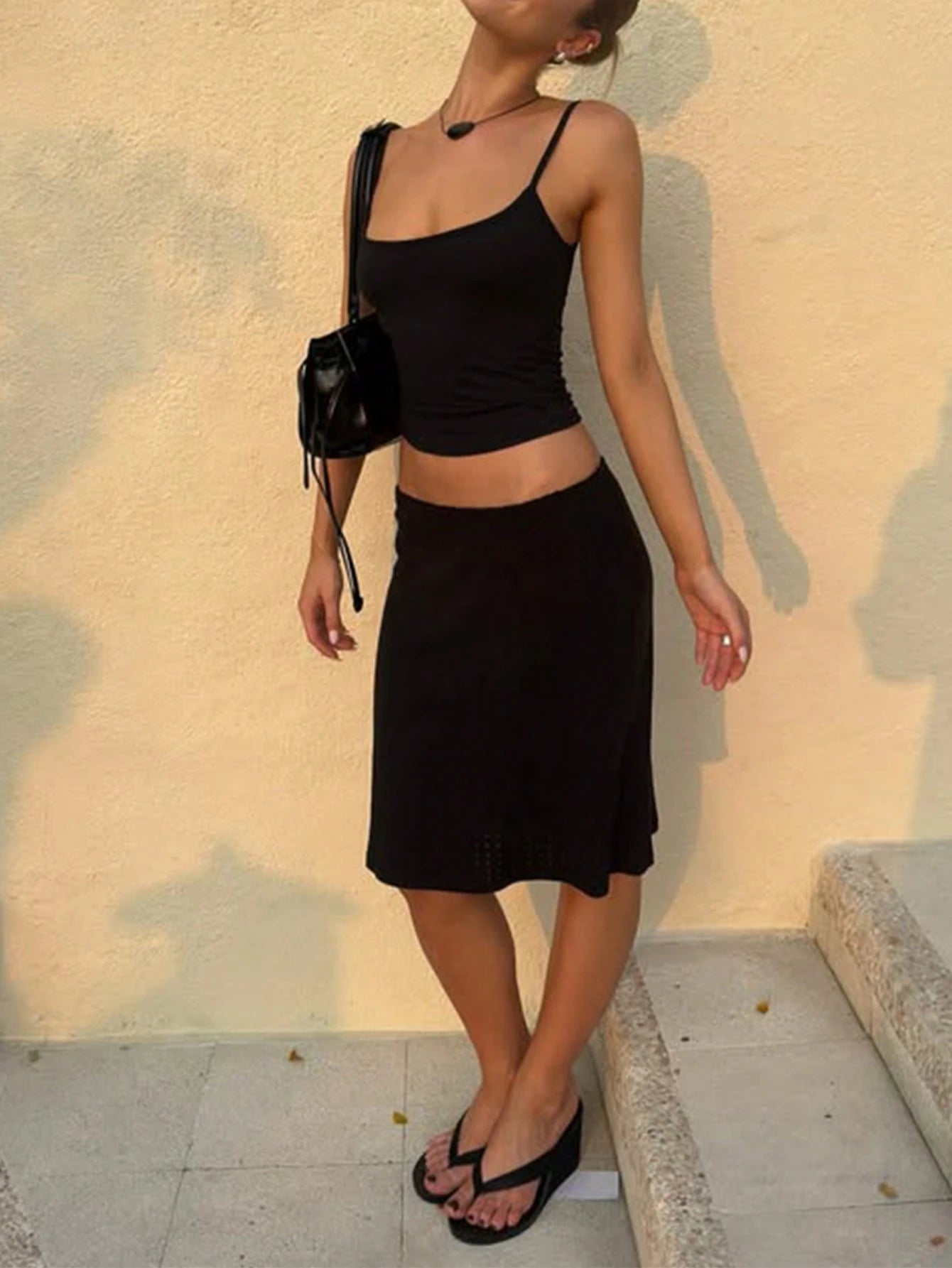 Women's Casual Fitted Solid Color Camisole And Skirt Basic Street Style Vacation Everyday 2-Piece Set Black Summer Elegant, Effortless Style