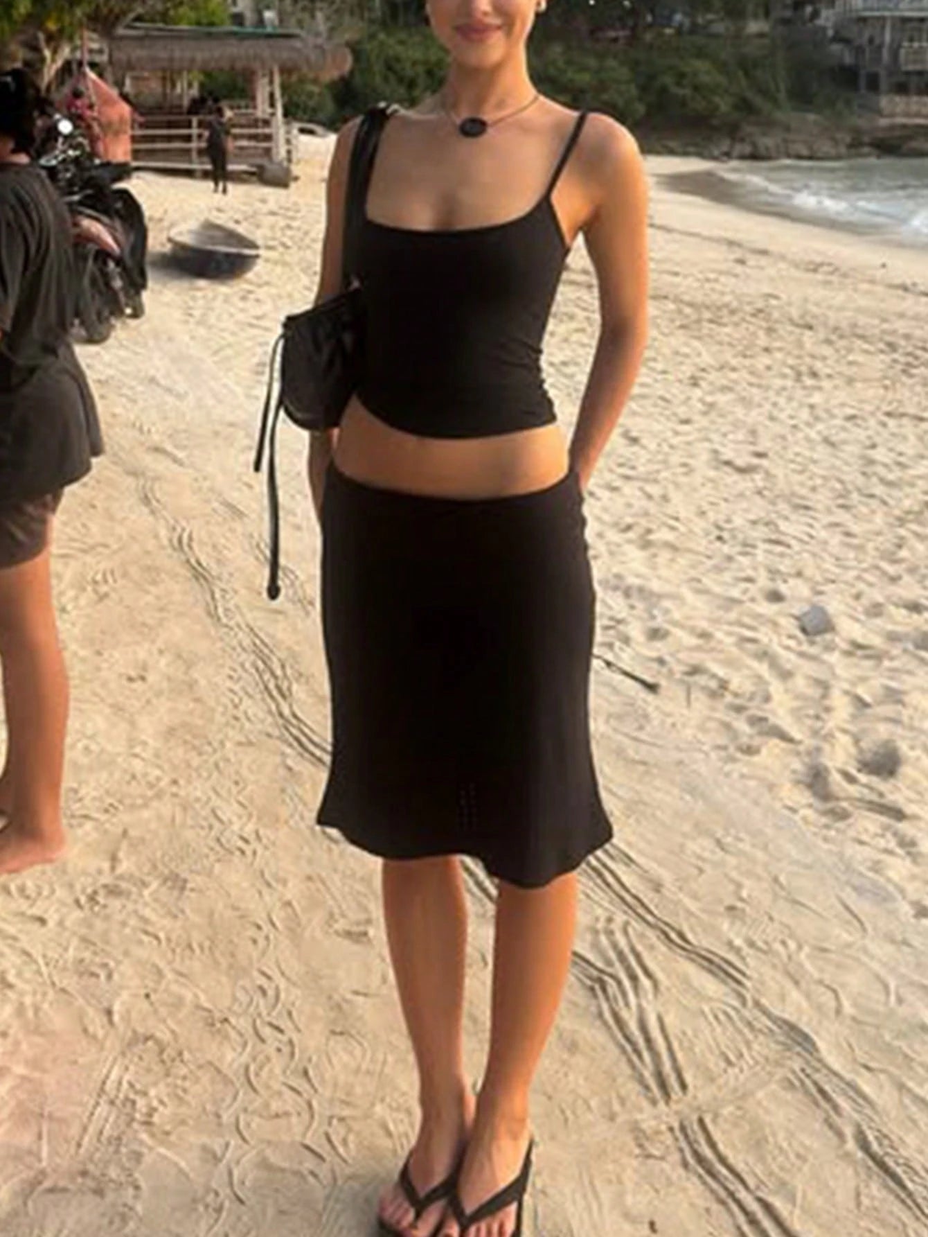 Women's Casual Fitted Solid Color Camisole And Skirt Basic Street Style Vacation Everyday 2-Piece Set Black Summer Elegant, Effortless Style