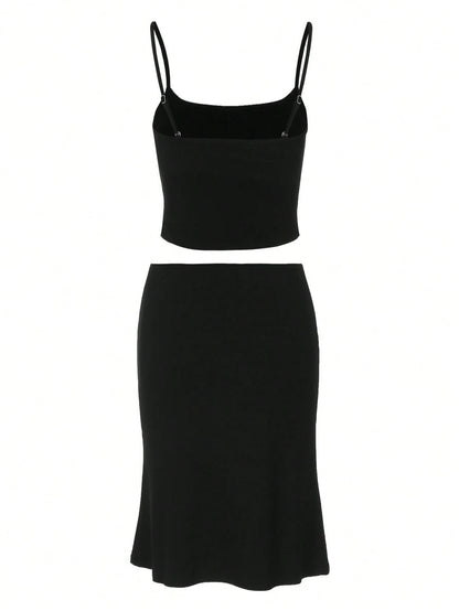 Women's Casual Fitted Solid Color Camisole And Skirt Basic Street Style Vacation Everyday 2-Piece Set Black Summer Elegant, Effortless Style