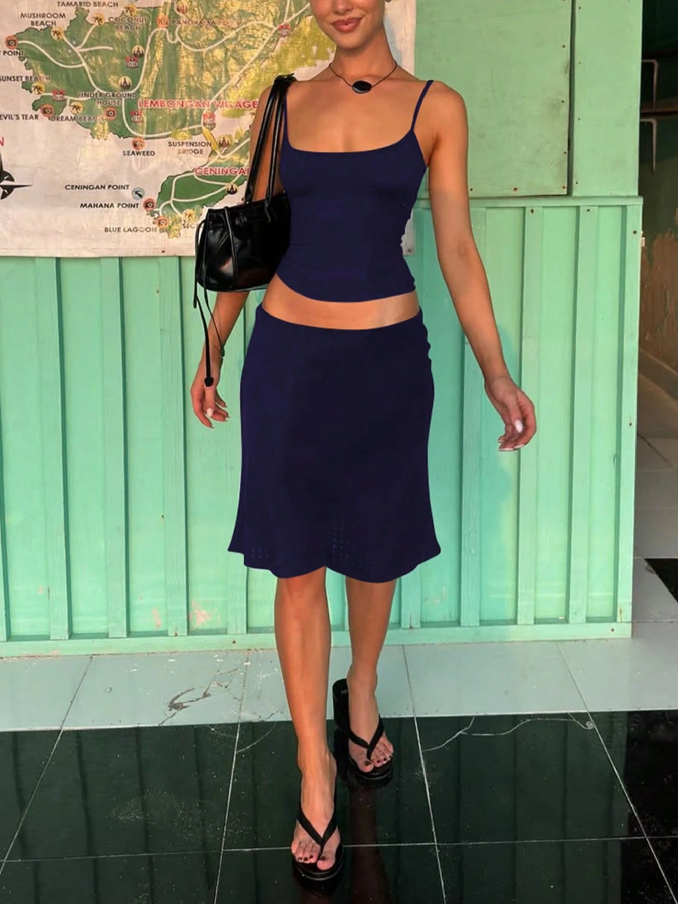 Women's Casual Fitted Solid Color Camisole And Skirt Basic Street Style Vacation Everyday 2-Piece Set Black Summer Elegant, Effortless Style