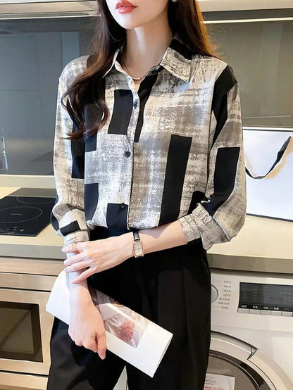 Women's Casual Geometric Print Single-Breasted Loose Shirt Vacation Spring
