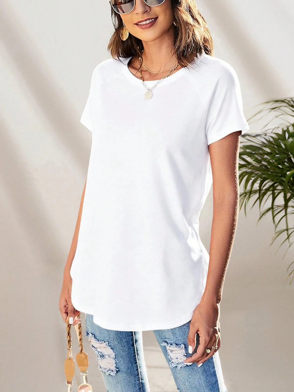 Women's Casual Gray Round Neck Long T-Shirt, Minimalist Commuting Versatile Tee White Summer