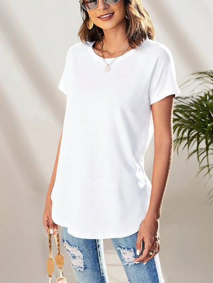 Women's Casual Gray Round Neck Long T-Shirt, Minimalist Commuting Versatile Tee White Summer