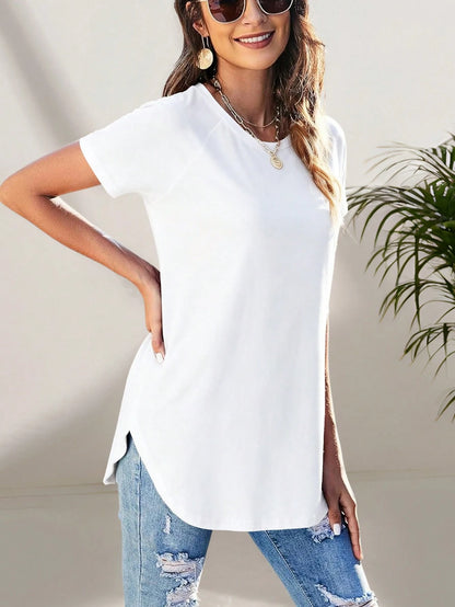 Women's Casual Gray Round Neck Long T-Shirt, Minimalist Commuting Versatile Tee White Summer