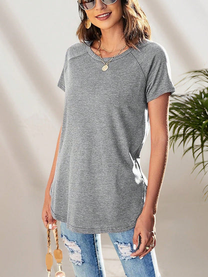 Women's Casual Gray Round Neck Long T-Shirt, Minimalist Commuting Versatile Tee White Summer