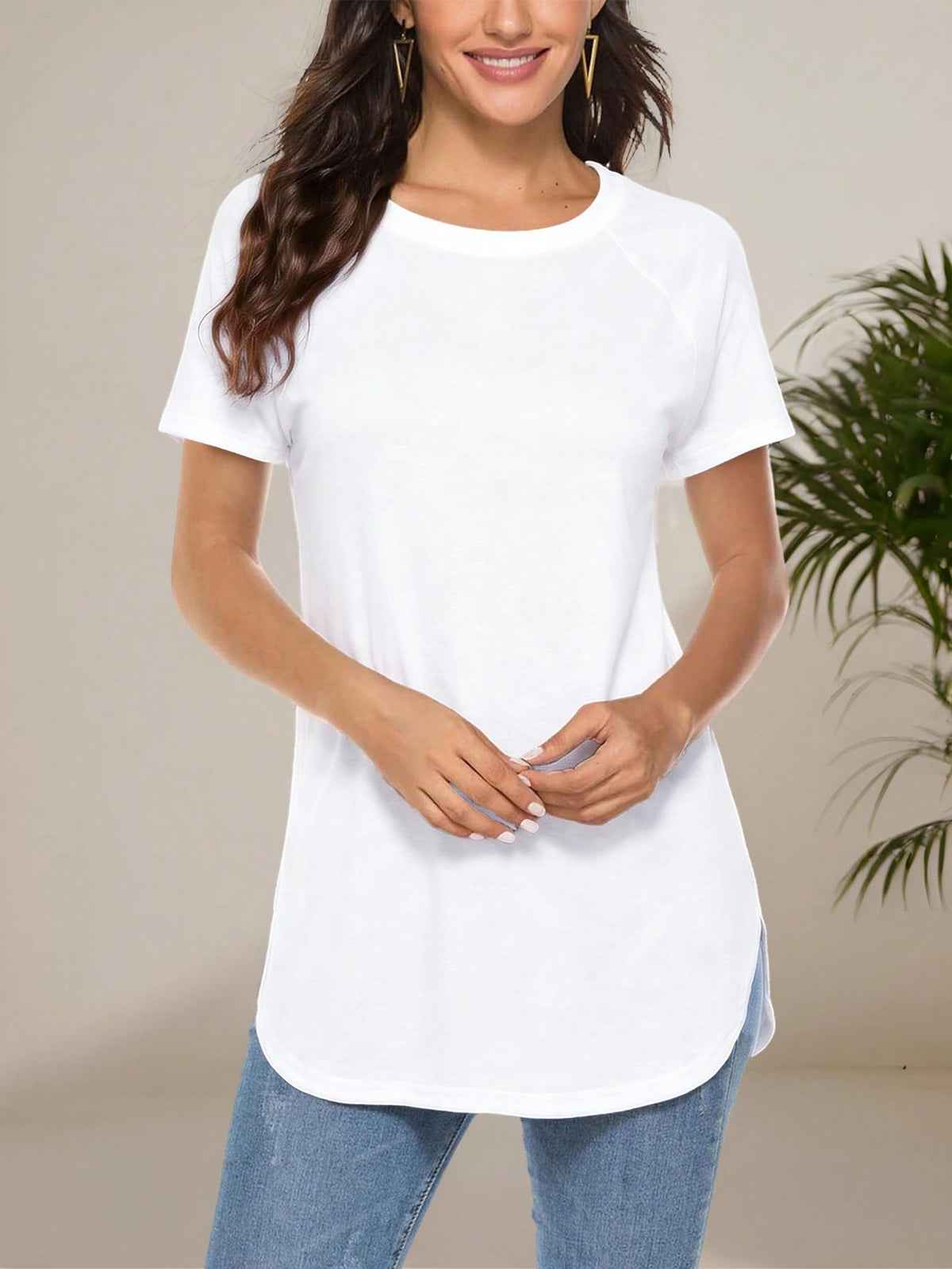 Women's Casual Gray Round Neck Long T-Shirt, Minimalist Commuting Versatile Tee White Summer