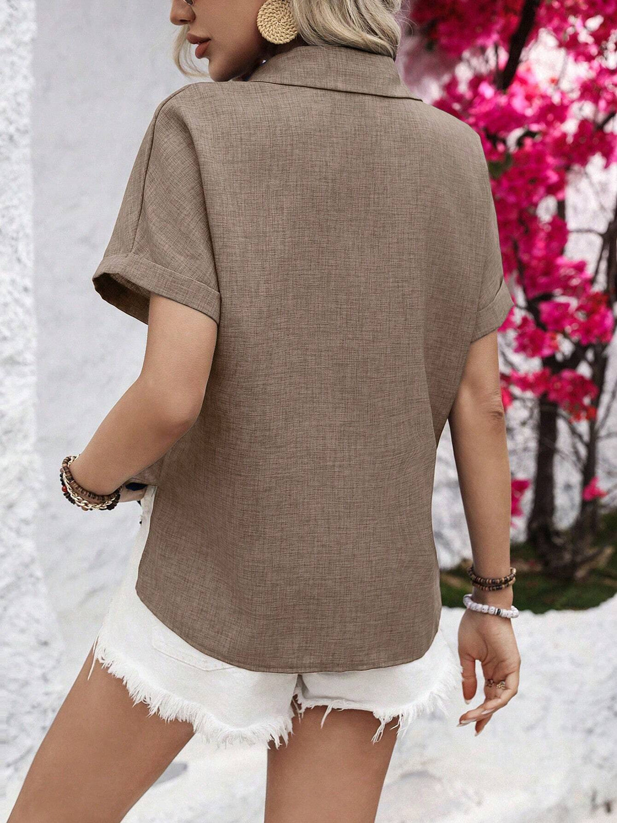 Women's Casual Shirt With H-Neck Collar,Short Sleeve Tops