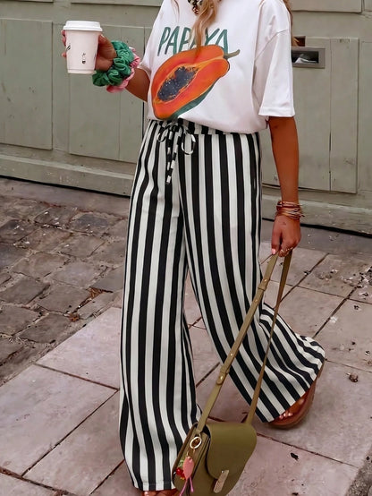 Women's Casual Striped Straight Loose Pants For Summer, Vacation & Daily Wear