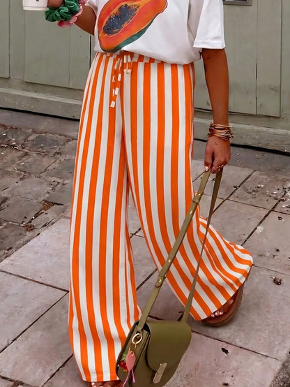 Women's Casual Striped Straight Loose Pants For Summer, Vacation & Daily Wear