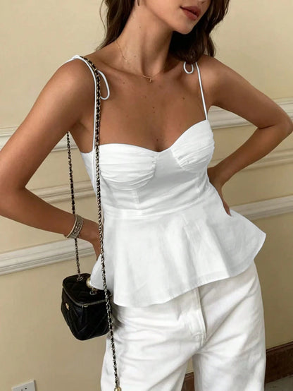 Women's Casual Y2K Sleeveless Ruffle Tie-Up Slim Fit Camisole, Elegant French Minimalist Cropped Tank Top White