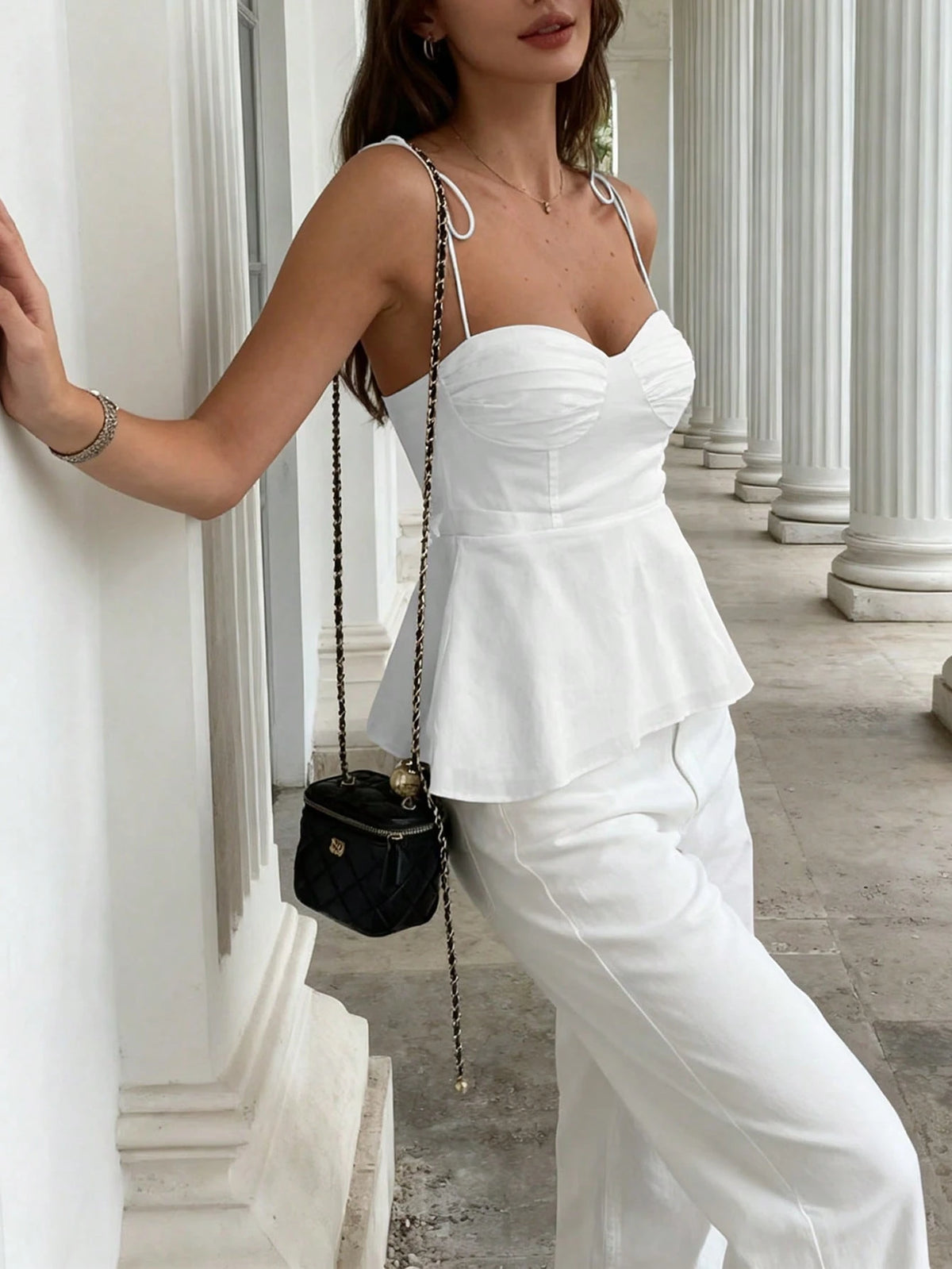 Women's Casual Y2K Sleeveless Ruffle Tie-Up Slim Fit Camisole, Elegant French Minimalist Cropped Tank Top White