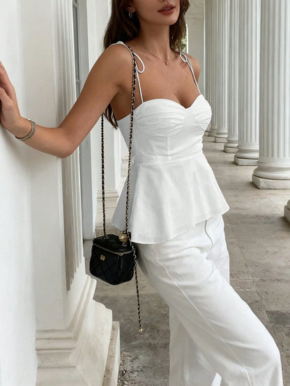 Women's Casual Y2K Sleeveless Ruffle Tie-Up Slim Fit Camisole, Elegant French Minimalist Cropped Tank Top White