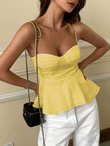 Women's Casual Y2K Sleeveless Ruffle Tie-Up Slim Fit Camisole, Elegant French Minimalist Cropped Tank Top White