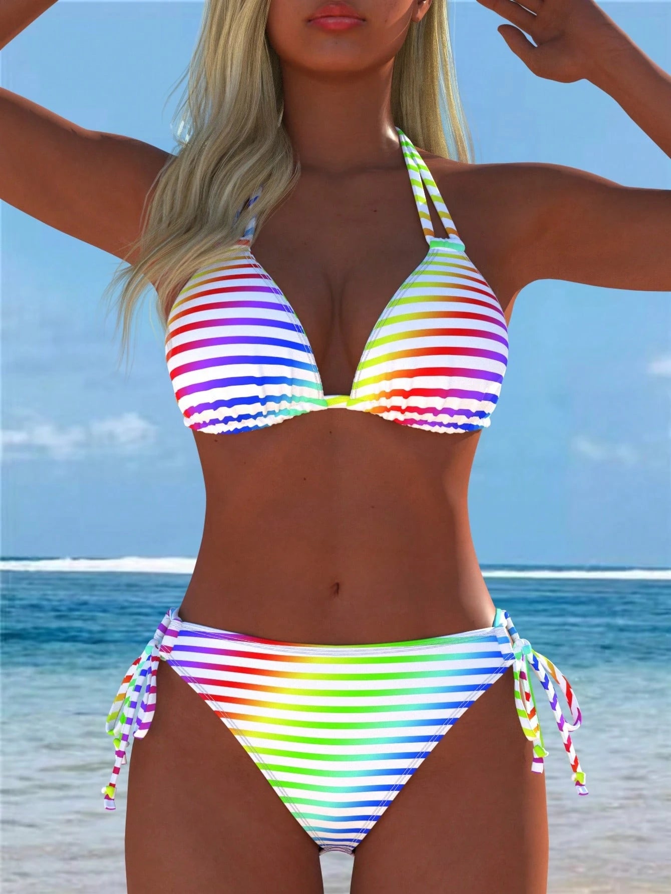 Women's Colorful Halter Bikini Set, Rainbow Striped Swimsuit, Beach New Style, Holiday Summer Vacation Sexy Two Pieces, Random Print