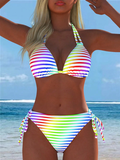 Women's Colorful Halter Bikini Set, Rainbow Striped Swimsuit, Beach New Style, Holiday Summer Vacation Sexy Two Pieces, Random Print