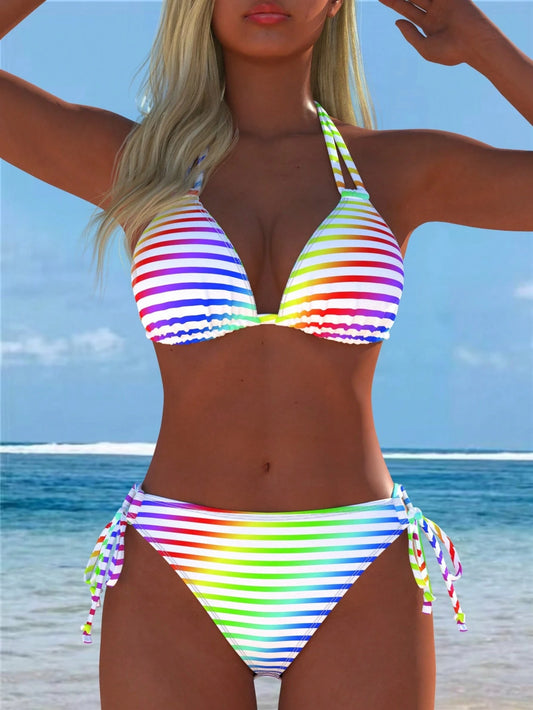 Women's Colorful Halter Bikini Set, Rainbow Striped Swimsuit, Beach New Style, Holiday Summer Vacation Sexy Two Pieces, Random Print
