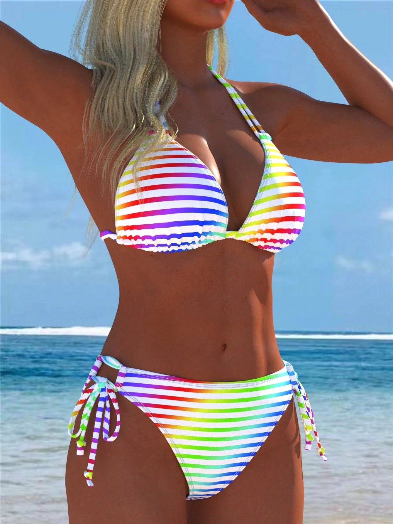 Women's Colorful Halter Bikini Set, Rainbow Striped Swimsuit, Beach New Style, Holiday Summer Vacation Sexy Two Pieces, Random Print