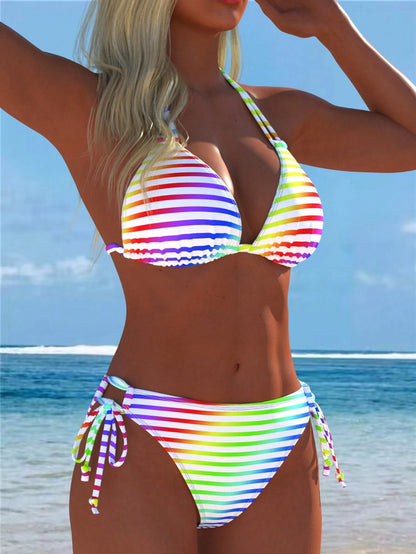 Women's Colorful Halter Bikini Set, Rainbow Striped Swimsuit, Beach New Style, Holiday Summer Vacation Sexy Two Pieces, Random Print