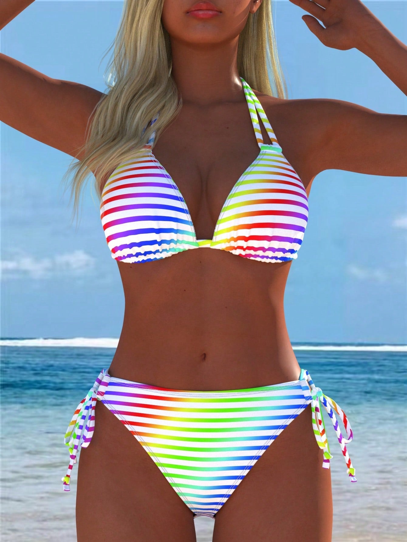 Women's Colorful Halter Bikini Set, Rainbow Striped Swimsuit, Beach New Style, Holiday Summer Vacation Sexy Two Pieces, Random Print