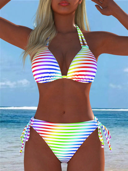 Women's Colorful Halter Bikini Set, Rainbow Striped Swimsuit, Beach New Style, Holiday Summer Vacation Sexy Two Pieces, Random Print