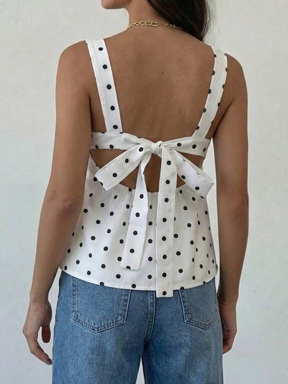 Women's Contrast Polka Dot Tie Back Button Elegant Camisole Tank Top, Suitable For Daily Wear In Summer Casual