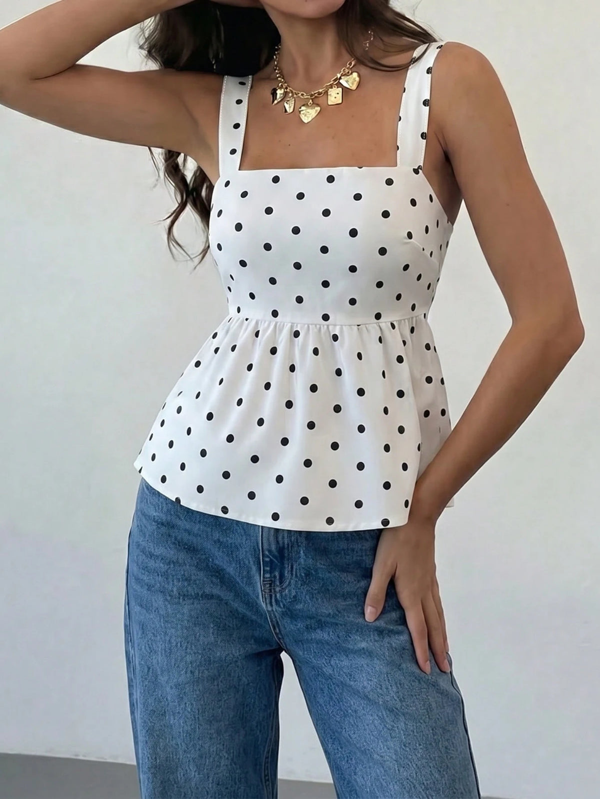 Women's Contrast Polka Dot Tie Back Button Elegant Camisole Tank Top, Suitable For Daily Wear In Summer Casual
