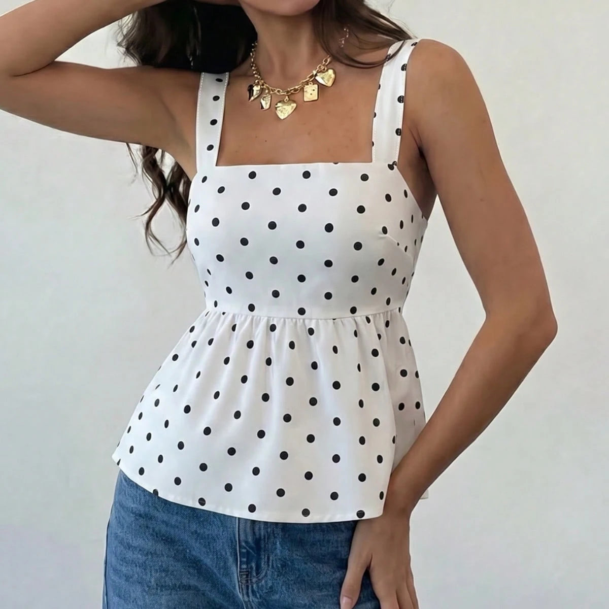 Women's Contrast Polka Dot Tie Back Button Elegant Camisole Tank Top, Suitable For Daily Wear In Summer Casual