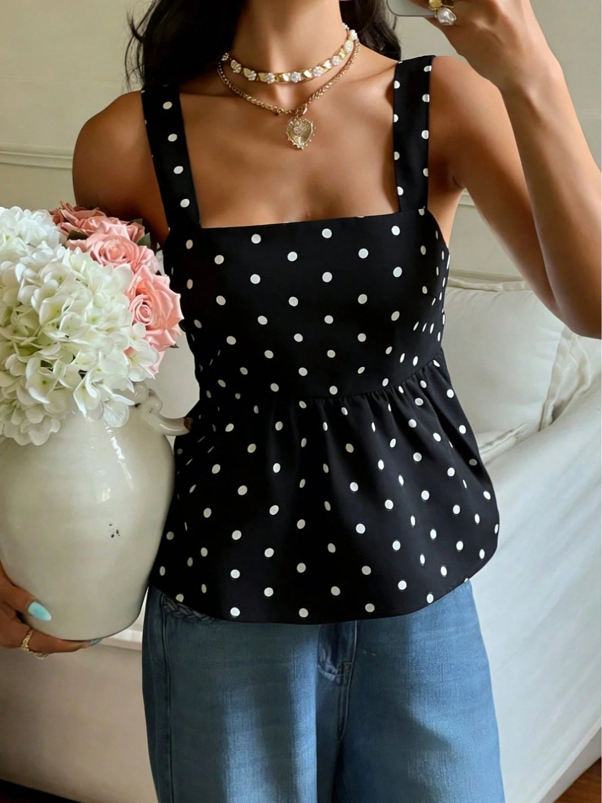 Women's Contrast Polka Dot Tie Back Button Elegant Camisole Tank Top, Suitable For Daily Wear In Summer Casual