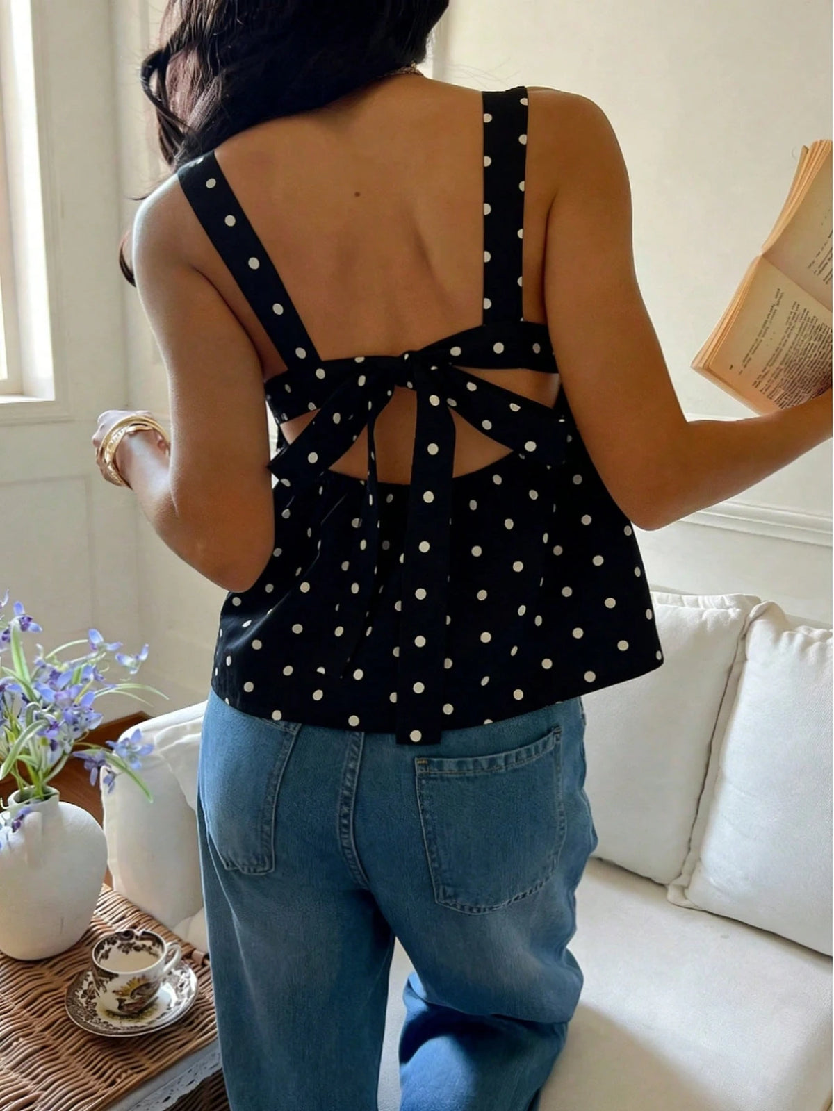 Women's Contrast Polka Dot Tie Back Button Elegant Camisole Tank Top, Suitable For Daily Wear In Summer Casual