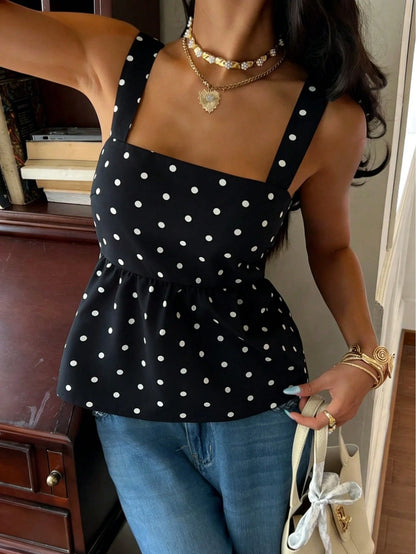 Women's Contrast Polka Dot Tie Back Button Elegant Camisole Tank Top, Suitable For Daily Wear In Summer Casual