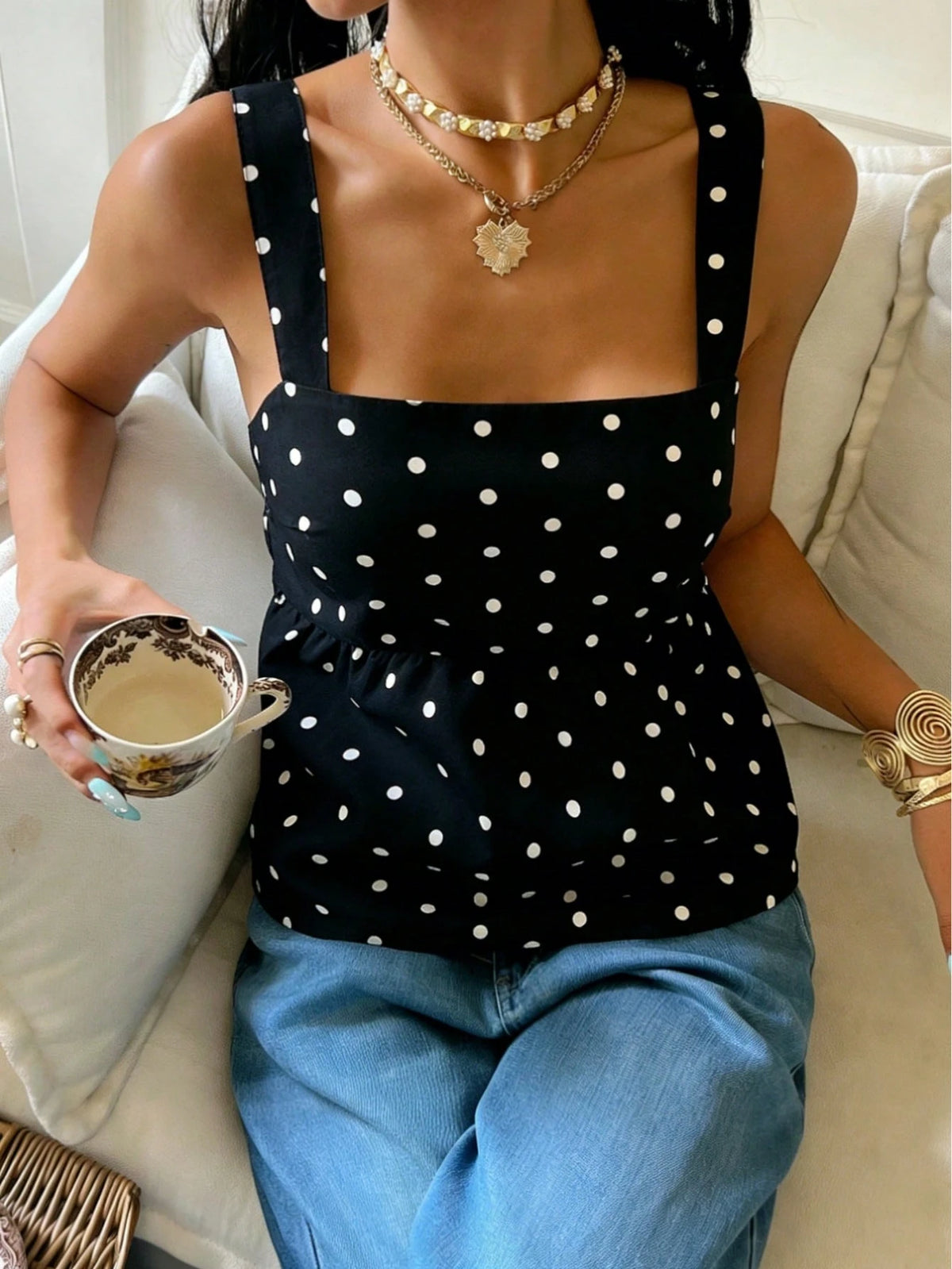 Women's Contrast Polka Dot Tie Back Button Elegant Camisole Tank Top, Suitable For Daily Wear In Summer Casual