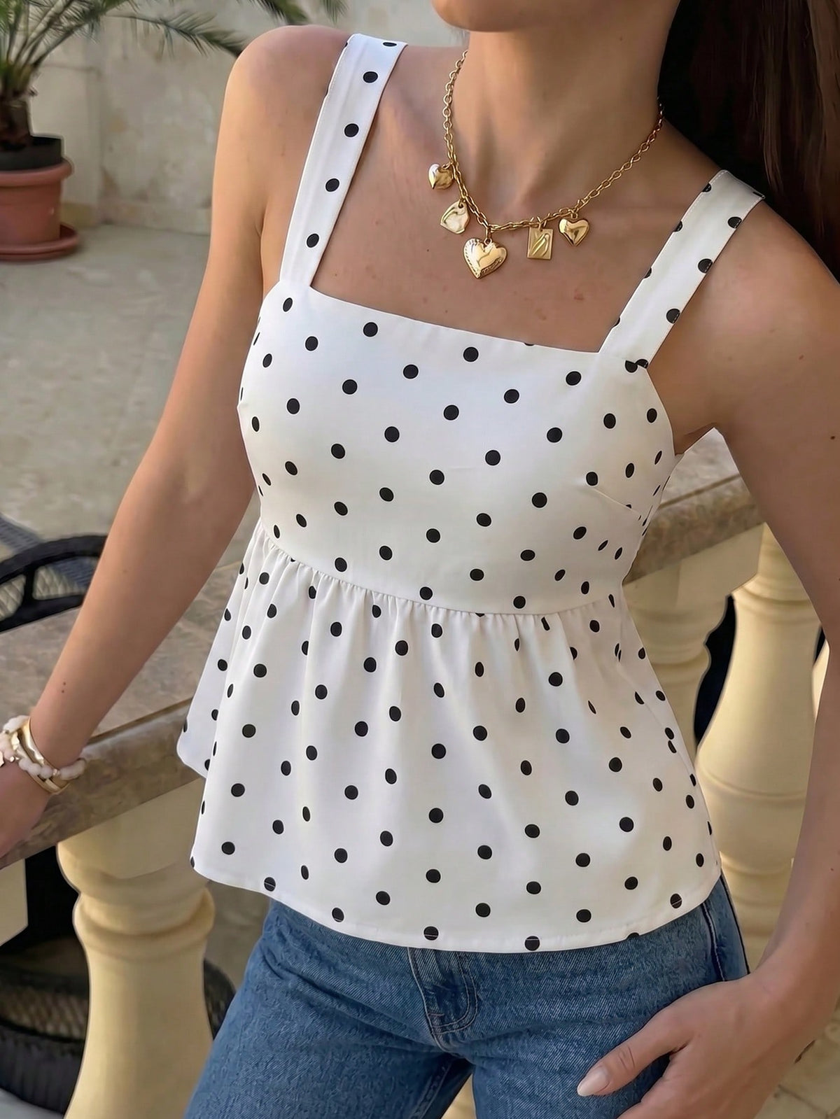 Women's Contrast Polka Dot Tie Back Button Elegant Camisole Tank Top, Suitable For Daily Wear In Summer Casual