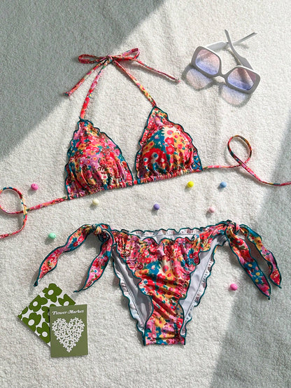 Women's Cute Floral Lace Ruffled Bikini 2 Pieces Set, Suitable For Summer Island Vacation Swimming Beach
