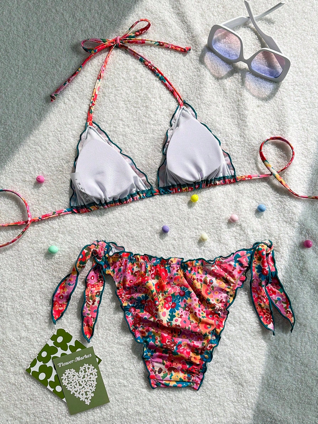 Women's Cute Floral Lace Ruffled Bikini 2 Pieces Set, Suitable For Summer Island Vacation Swimming Beach