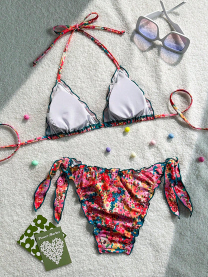 Women's Cute Floral Lace Ruffled Bikini 2 Pieces Set, Suitable For Summer Island Vacation Swimming Beach
