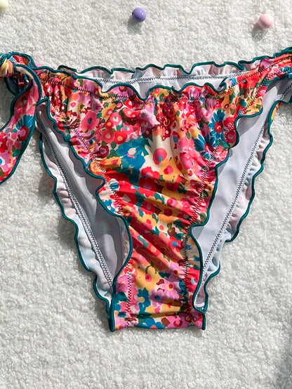 Women's Cute Floral Lace Ruffled Bikini 2 Pieces Set, Suitable For Summer Island Vacation Swimming Beach