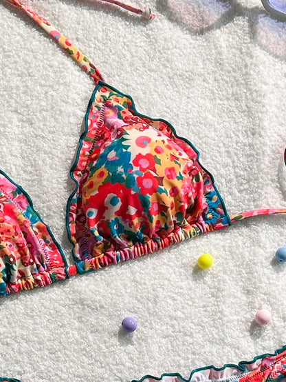 Women's Cute Floral Lace Ruffled Bikini 2 Pieces Set, Suitable For Summer Island Vacation Swimming Beach