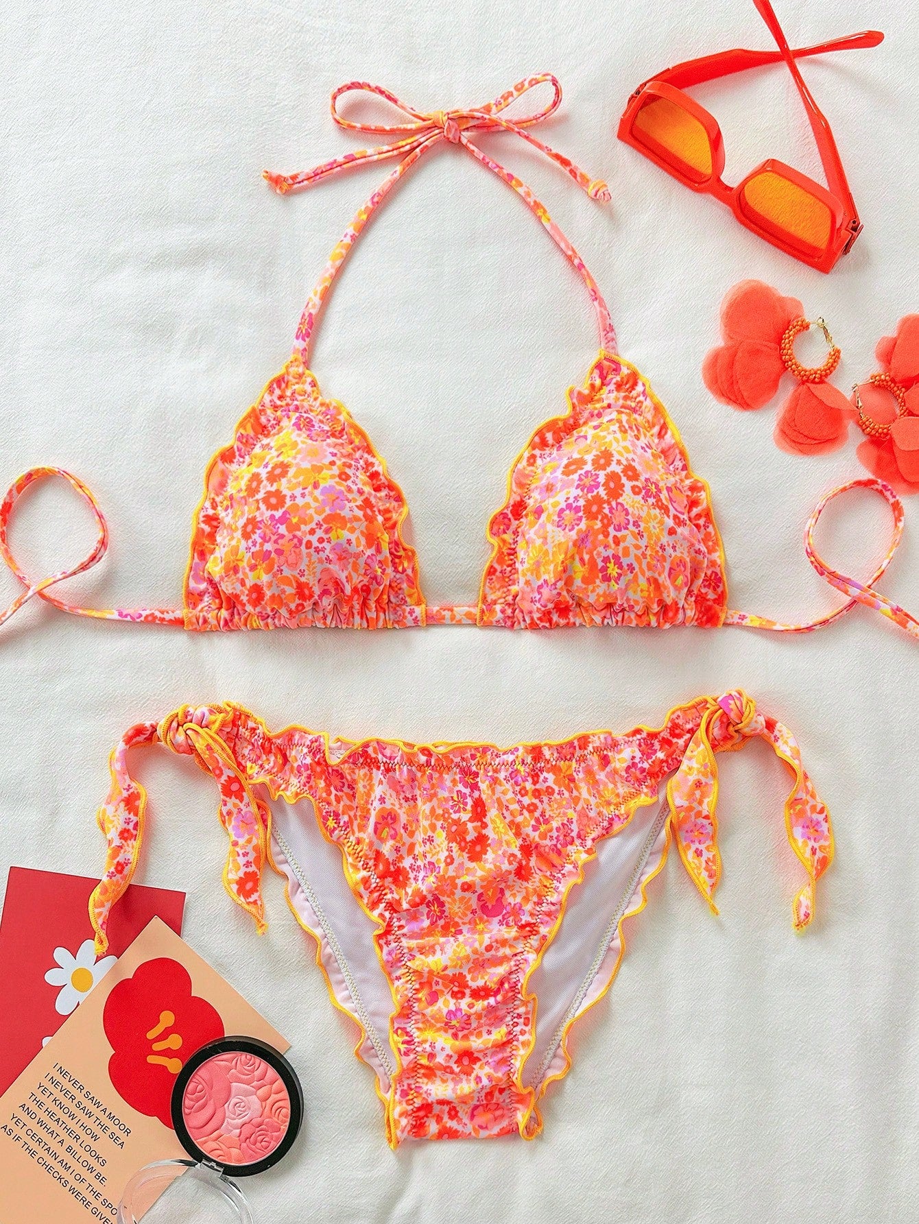 Women's Cute Floral Lace Ruffled Bikini 2 Pieces Set, Suitable For Summer Island Vacation Swimming Beach