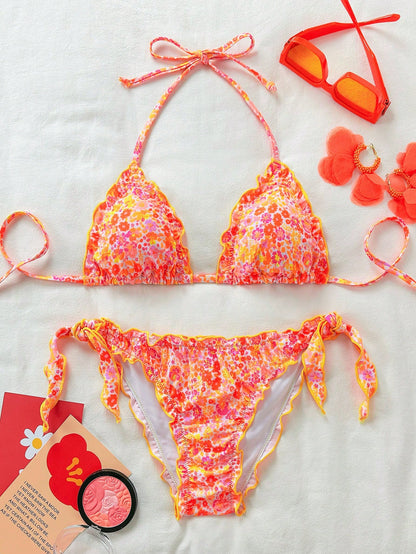 Women's Cute Floral Lace Ruffled Bikini 2 Pieces Set, Suitable For Summer Island Vacation Swimming Beach