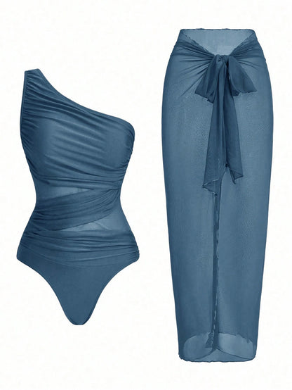 Women's Dusky Blue Summer Casual Beach Holiday Vacation Ruched One-Piece Swimsuit With Matching Coverup Skirt Set,Elegant Vintage Modest Bathing Suit