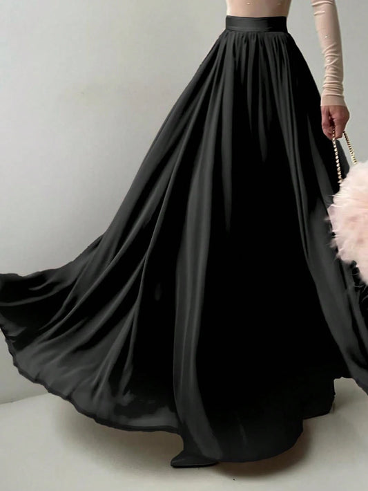Women's Elegant Black Chiffon Ruffle Maxi Skirt, Suitable For Music Festivals, Parties, Young Girls' Daily Wear, Beach Vacation, Spring/Summer Commute, Casual Business Occasions