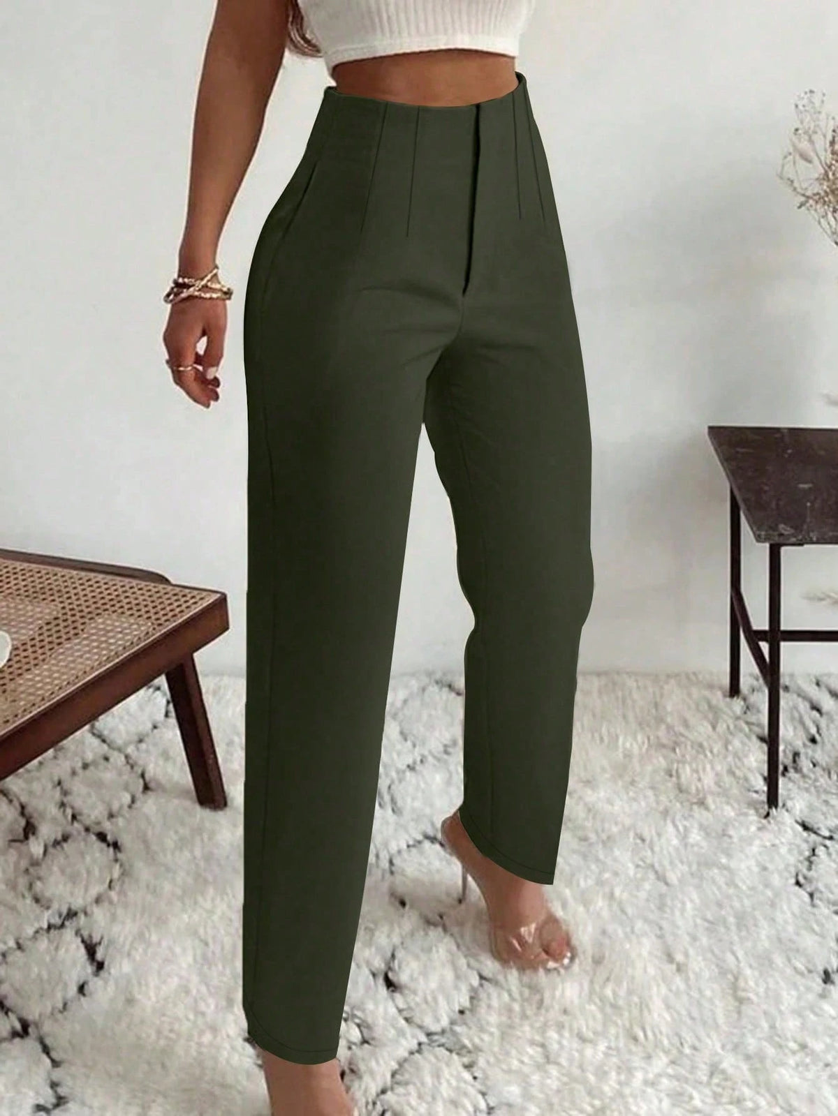 Women's Elegant Commute Pleated Side Pocket Tapered Leg Long Pants