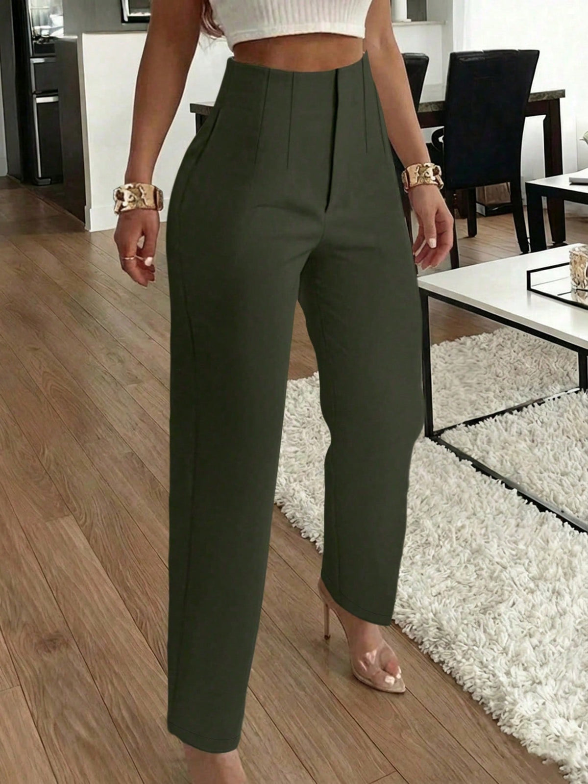 Women's Elegant Commute Pleated Side Pocket Tapered Leg Long Pants
