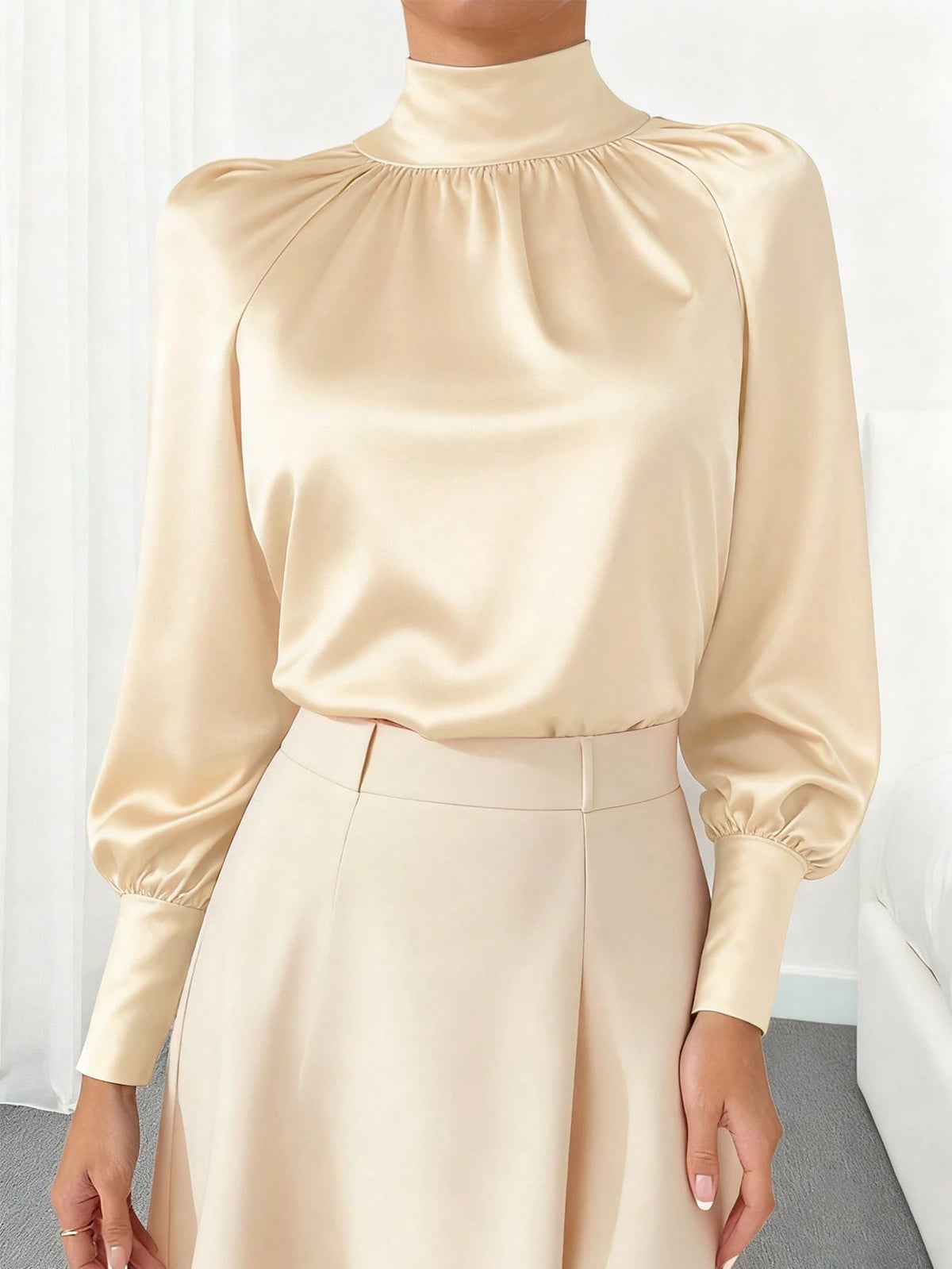 Women's Elegant Commuter Solid Color Stand Collar Lantern Sleeve Blouse Spring