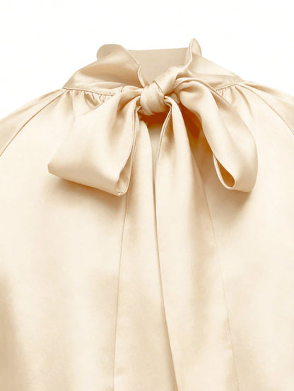 Women's Elegant Commuter Solid Color Stand Collar Lantern Sleeve Blouse Spring