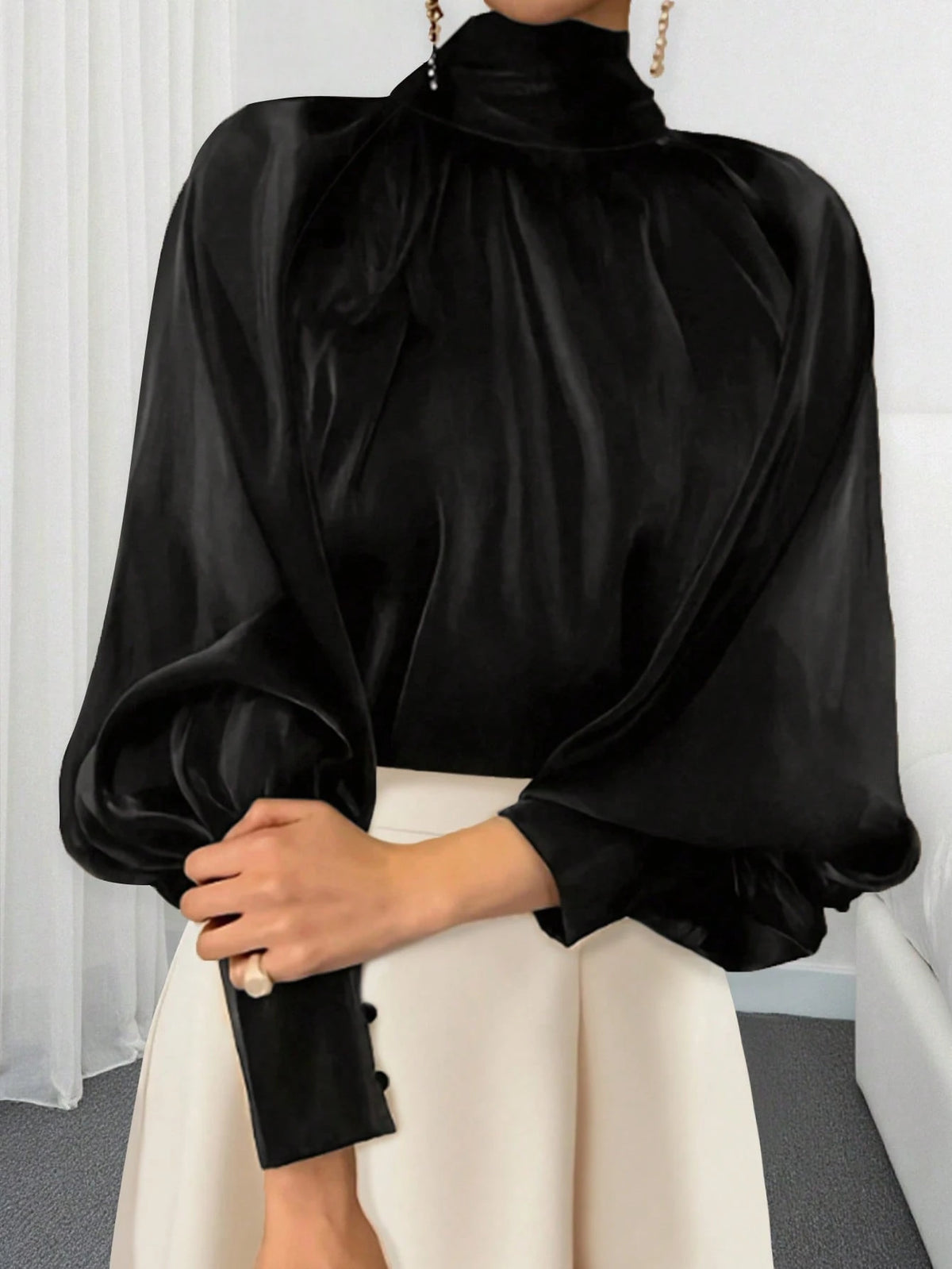 Women's Elegant Commuter Solid Color Stand Collar Lantern Sleeve Blouse Spring