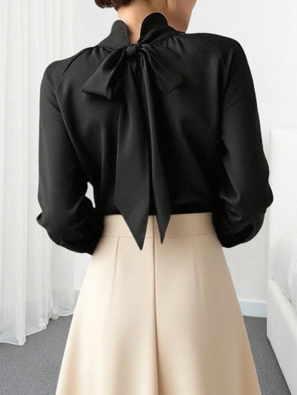 Women's Elegant Commuter Solid Color Stand Collar Lantern Sleeve Blouse Spring
