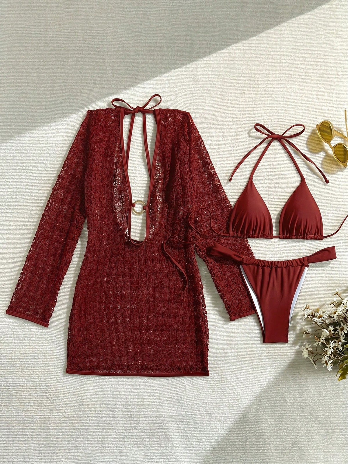 Women's Elegant Fashion Beach Vacation Solid Brown Tie Back Open Back 3-Piece Bikini Set Textured Fabric Dress Cover-Up Swimwear For Spring Summer
