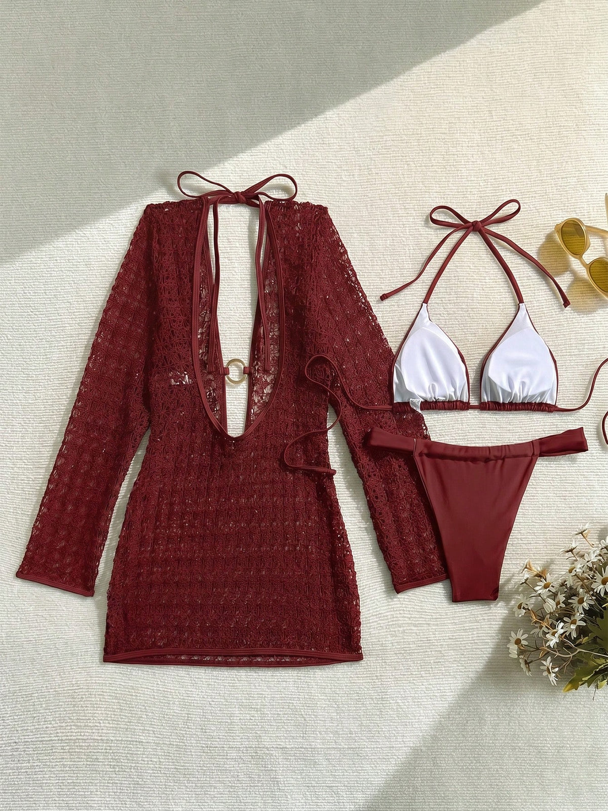 Women's Elegant Fashion Beach Vacation Solid Brown Tie Back Open Back 3-Piece Bikini Set Textured Fabric Dress Cover-Up Swimwear For Spring Summer