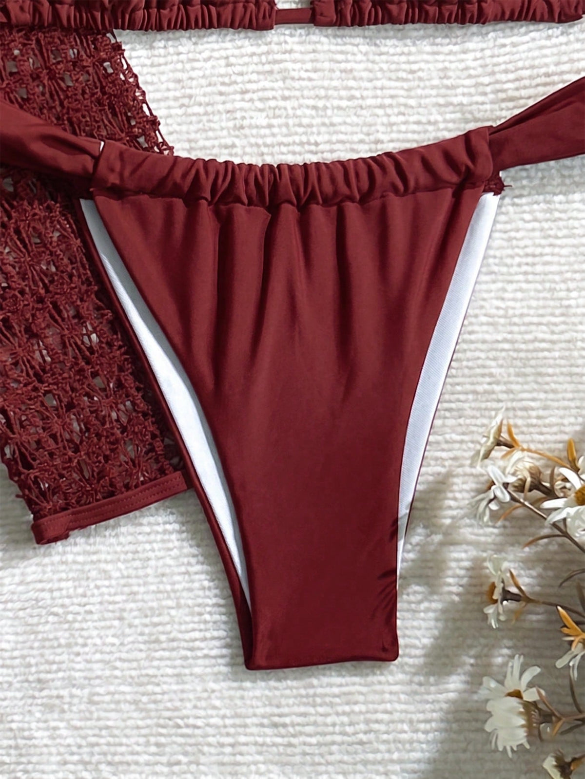 Women's Elegant Fashion Beach Vacation Solid Brown Tie Back Open Back 3-Piece Bikini Set Textured Fabric Dress Cover-Up Swimwear For Spring Summer